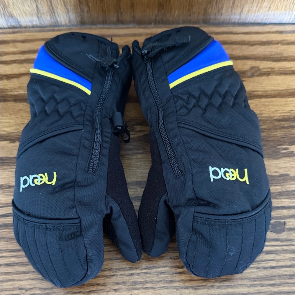 Head Black Mittens with Blue and Yellow Accents